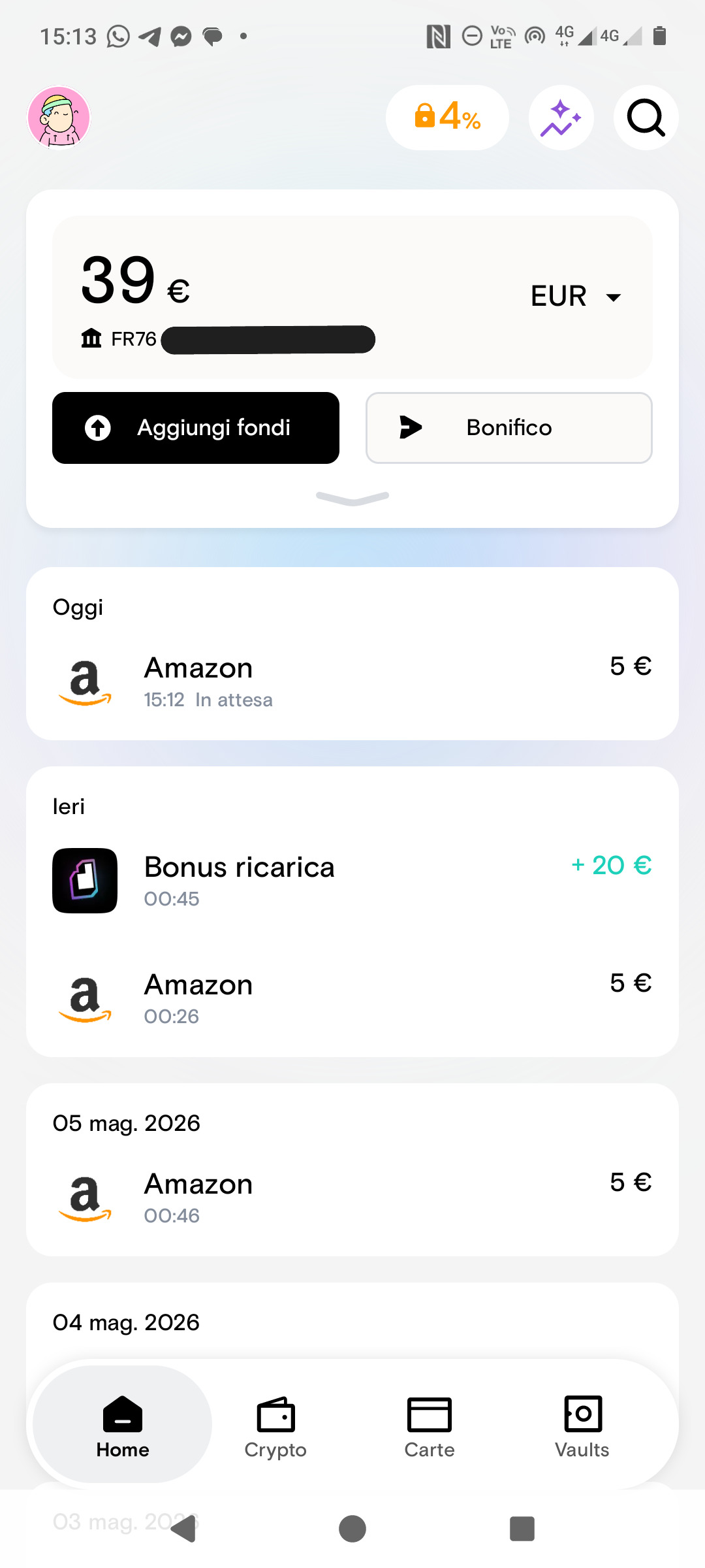 Bonus reale 20 euro ricevuto su Deblock