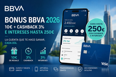 Bonus BBVA 2026: 10€ + cashback 3% e intereses hasta 250€