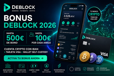 Bonus Deblock 2026: hasta 500€ + Tarjeta Visa + Cuenta Crypto con IBAN