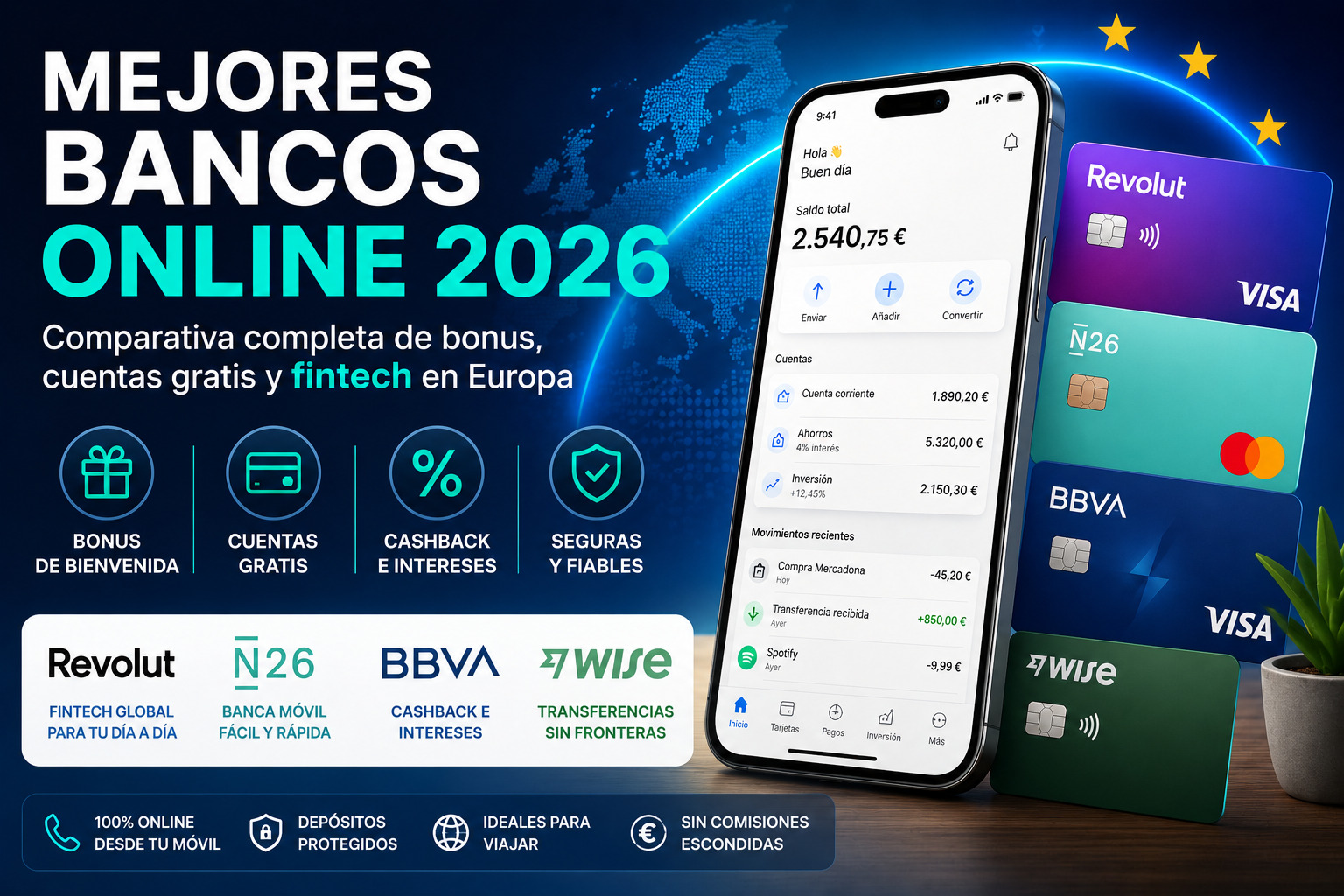 Mejores bancos online 2026: comparativa bonus, cuentas gratis y fintech