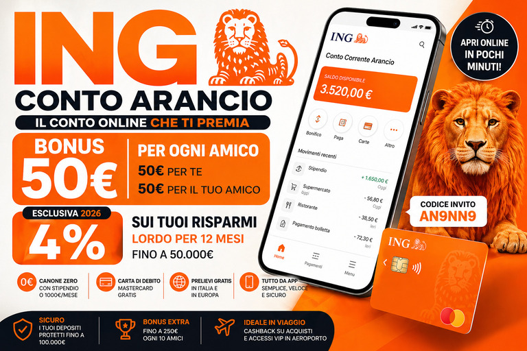 Bonus ING 2026: 50€ per ogni amico + 4% sui risparmi