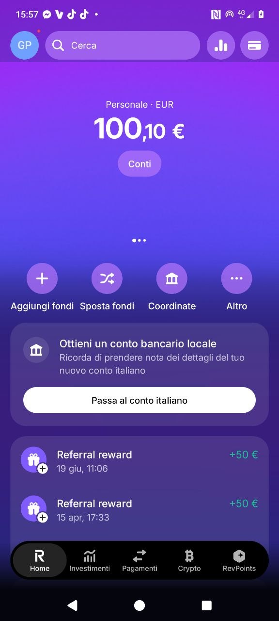 Screenshot reale bonus Revolut referral reward 50 euro